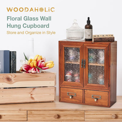 Vintage Mahogany Wall Cabinet with Floral Glass Doors & 2 Drawers : Rustic Apothecary Storage Cabinet for Home Organization