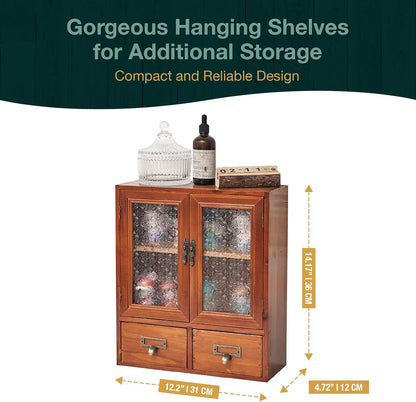 Vintage Mahogany Wall Cabinet with Floral Glass Doors & 2 Drawers : Rustic Apothecary Storage Cabinet for Home Organization