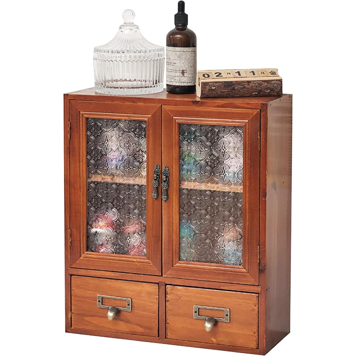 Vintage Mahogany Wall Cabinet with Floral Glass Doors & 2 Drawers : Rustic Apothecary Storage Cabinet for Home Organization