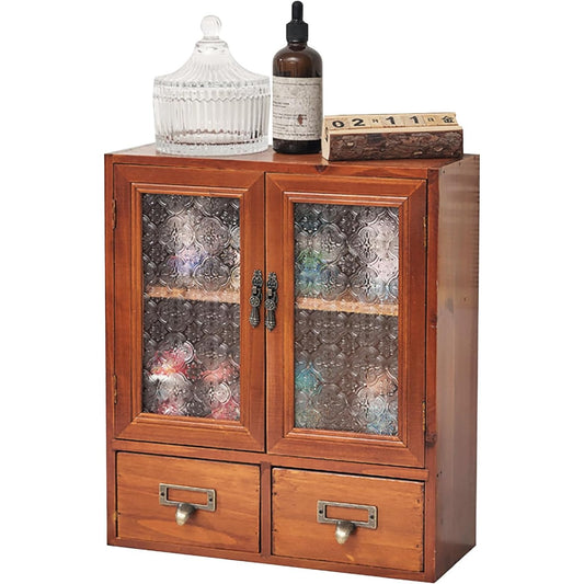 Vintage Mahogany Wall Cabinet with Floral Glass Doors & 2 Drawers : Rustic Apothecary Storage Cabinet for Home Organization