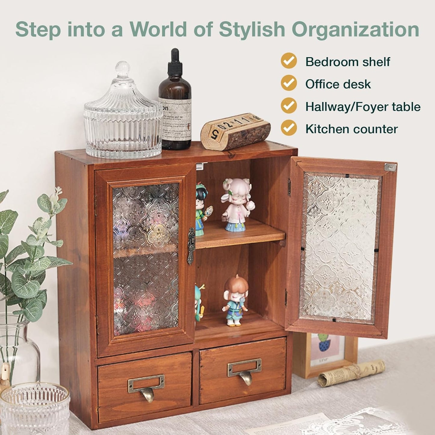 Vintage Mahogany Wall Cabinet with Floral Glass Doors & 2 Drawers : Rustic Apothecary Storage Cabinet for Home Organization