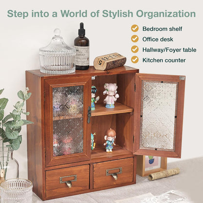 Vintage Mahogany Wall Cabinet with Floral Glass Doors & 2 Drawers : Rustic Apothecary Storage Cabinet for Home Organization
