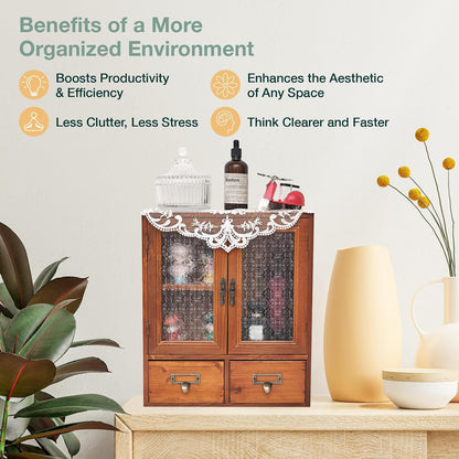 Vintage Mahogany Wall Cabinet with Floral Glass Doors & 2 Drawers : Rustic Apothecary Storage Cabinet for Home Organization