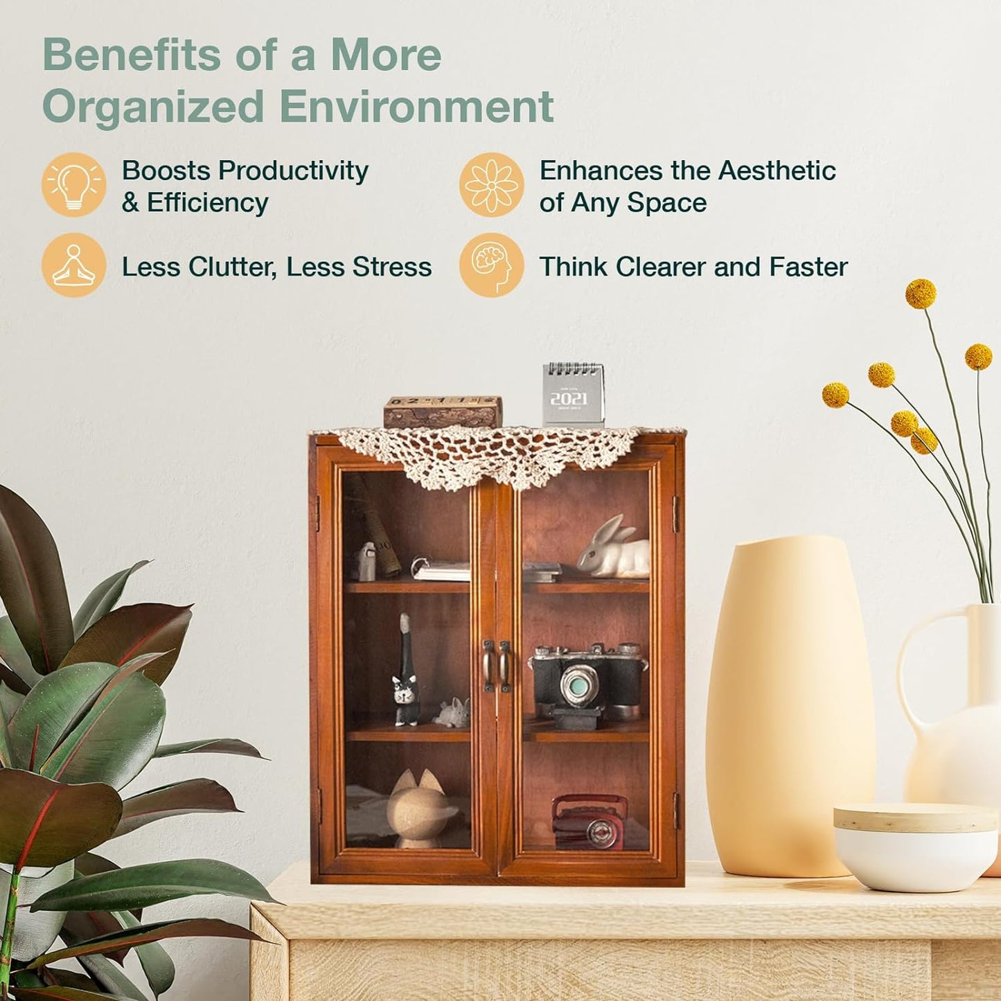 Wood Display Cabinet with Glass Doors - 3 Tier Wooden Storage Shelf for Collectibles, Kitchen Storage, Bathroom Organization