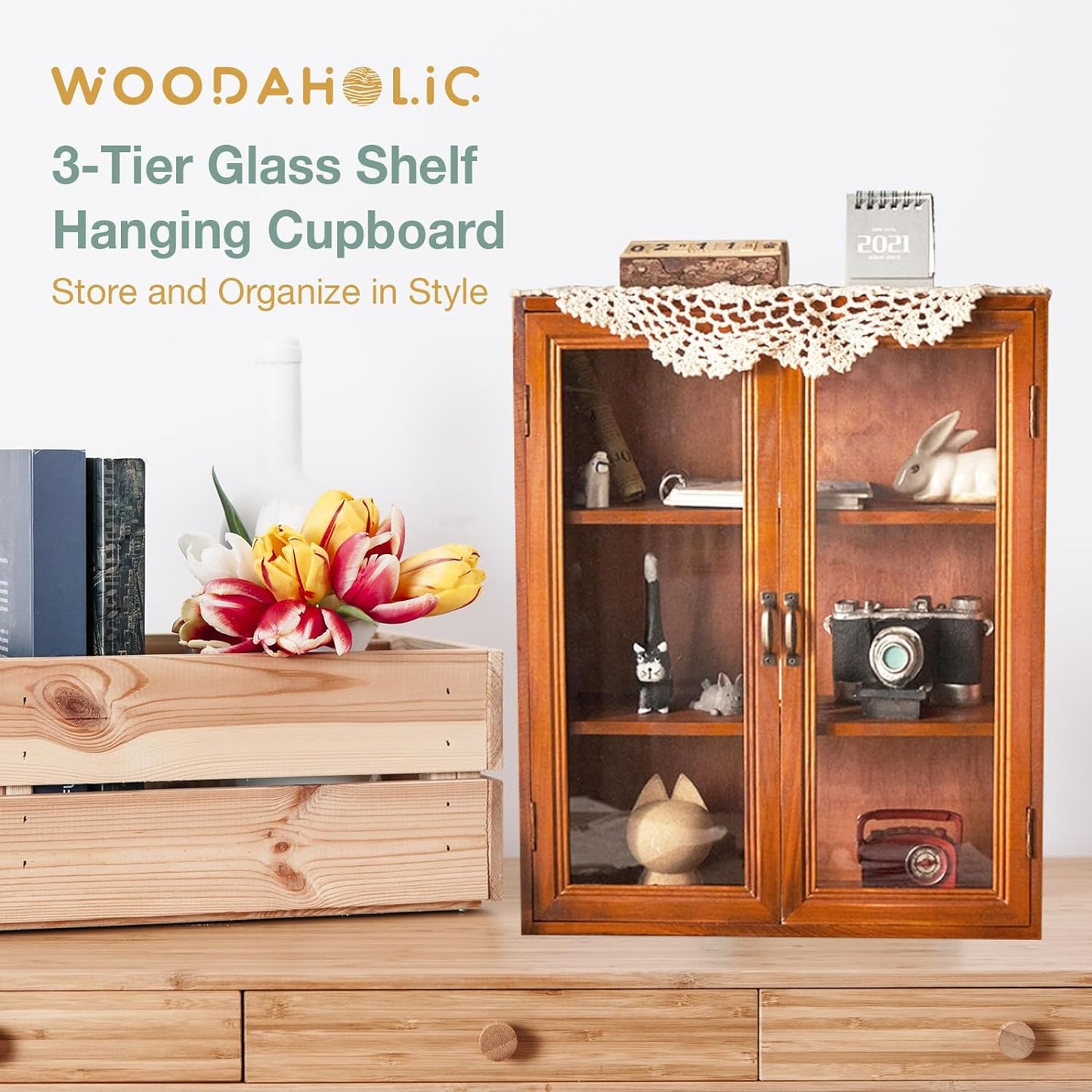 Wood Display Cabinet with Glass Doors - 3 Tier Wooden Storage Shelf for Collectibles, Kitchen Storage, Bathroom Organization