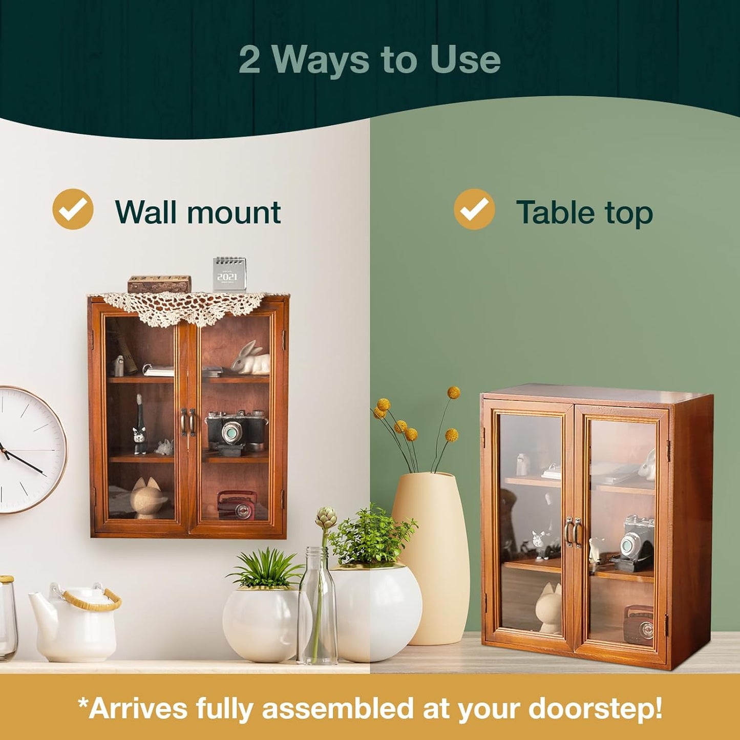 Wood Display Cabinet with Glass Doors - 3 Tier Wooden Storage Shelf for Collectibles, Kitchen Storage, Bathroom Organization