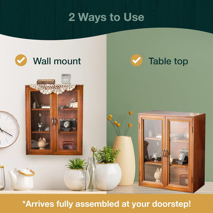 Wood Display Cabinet with Glass Doors - 3 Tier Wooden Storage Shelf for Collectibles, Kitchen Storage, Bathroom Organization