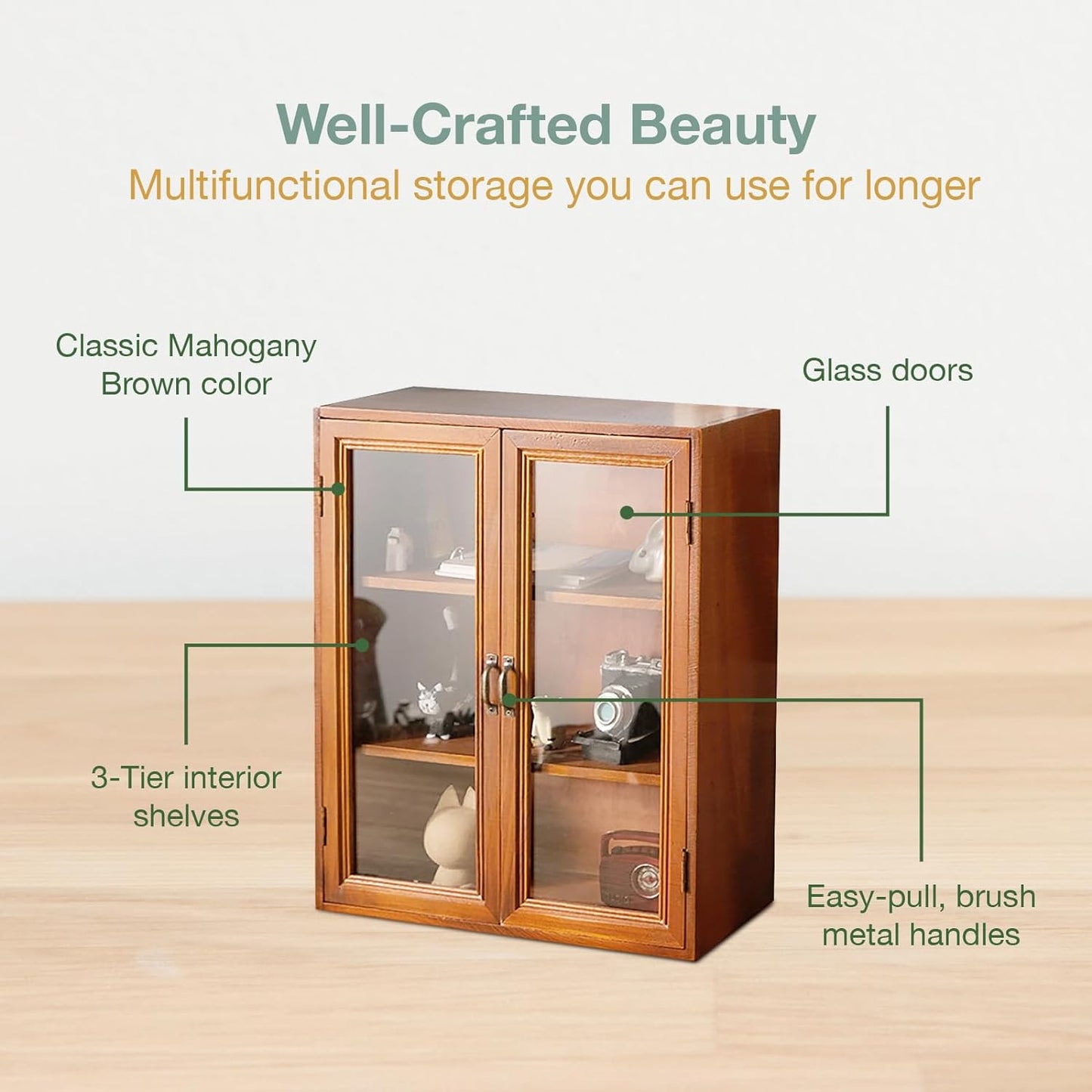 Wood Display Cabinet with Glass Doors - 3 Tier Wooden Storage Shelf for Collectibles, Kitchen Storage, Bathroom Organization
