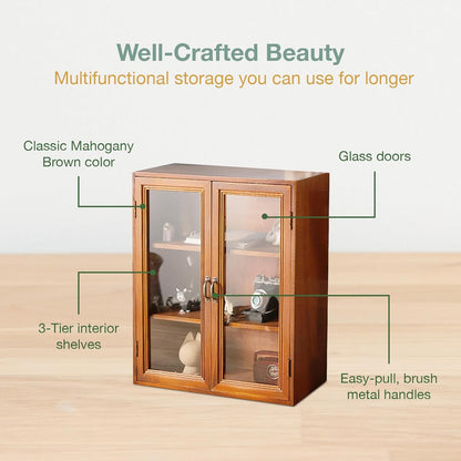 Wood Display Cabinet with Glass Doors - 3 Tier Wooden Storage Shelf for Collectibles, Kitchen Storage, Bathroom Organization
