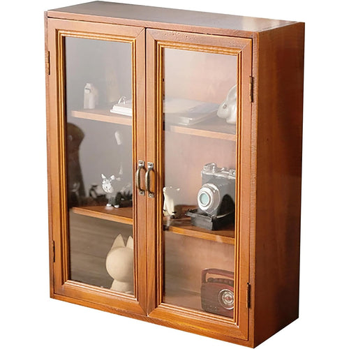Wood Display Cabinet with Glass Doors - 3 Tier Wooden Storage Shelf for Collectibles, Kitchen Storage, Bathroom Organization
