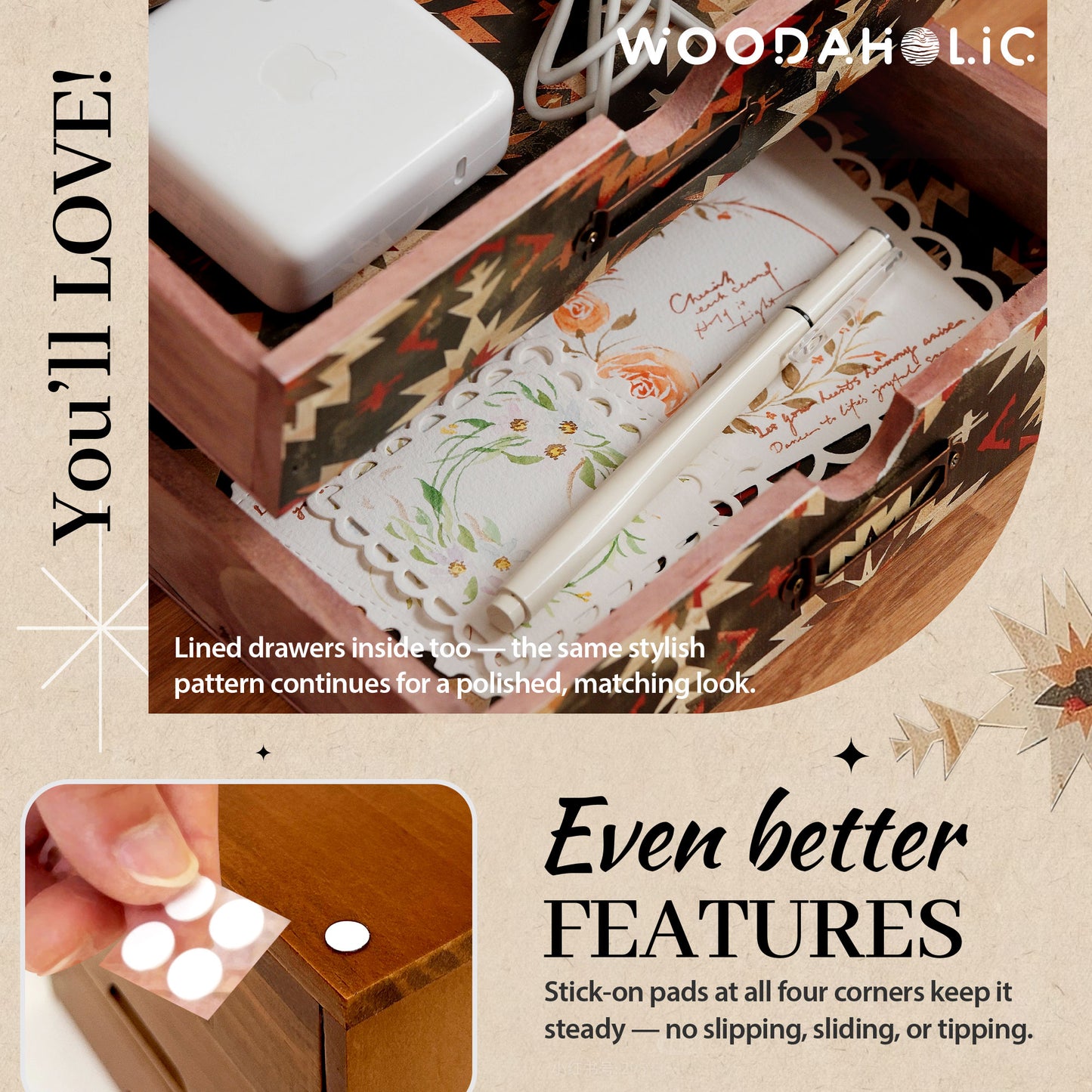 Boho Green Wooden Desk Organizer