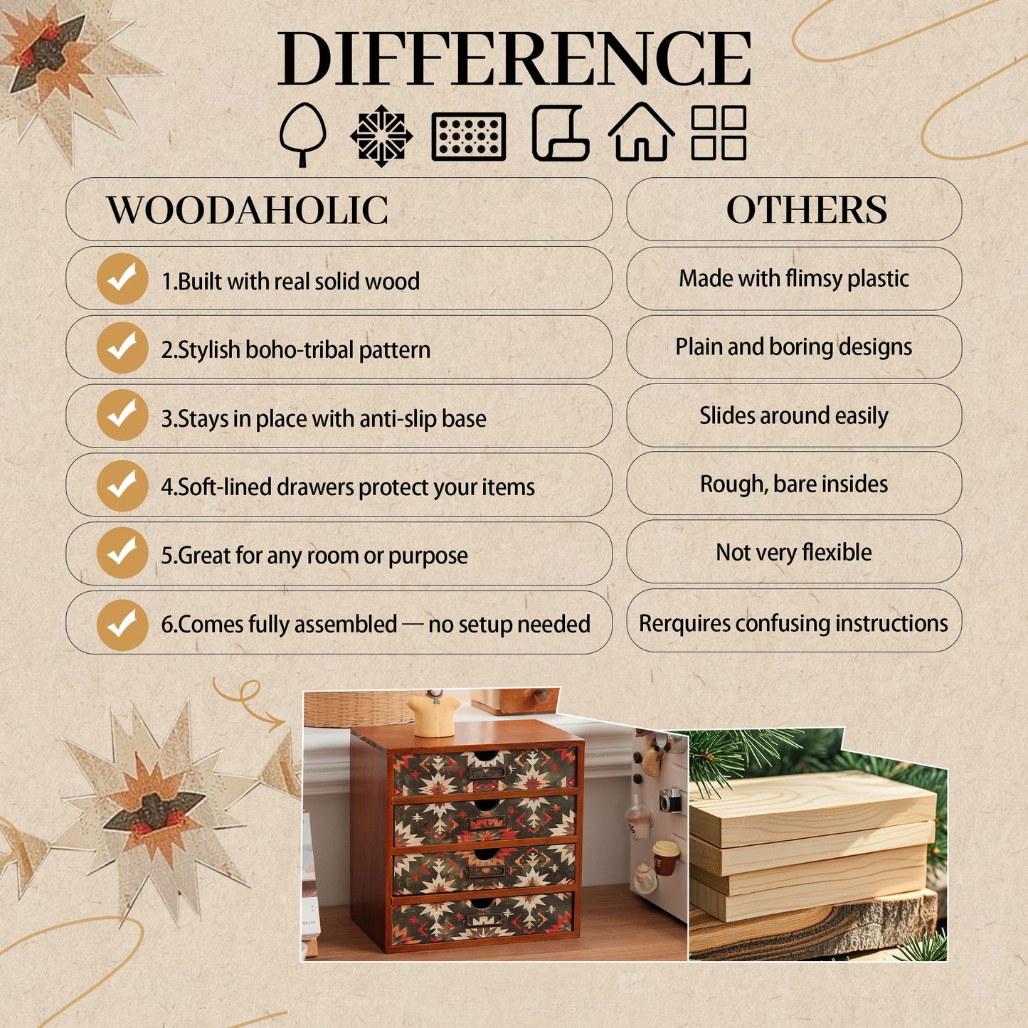 Boho Green Wooden Desk Organizer