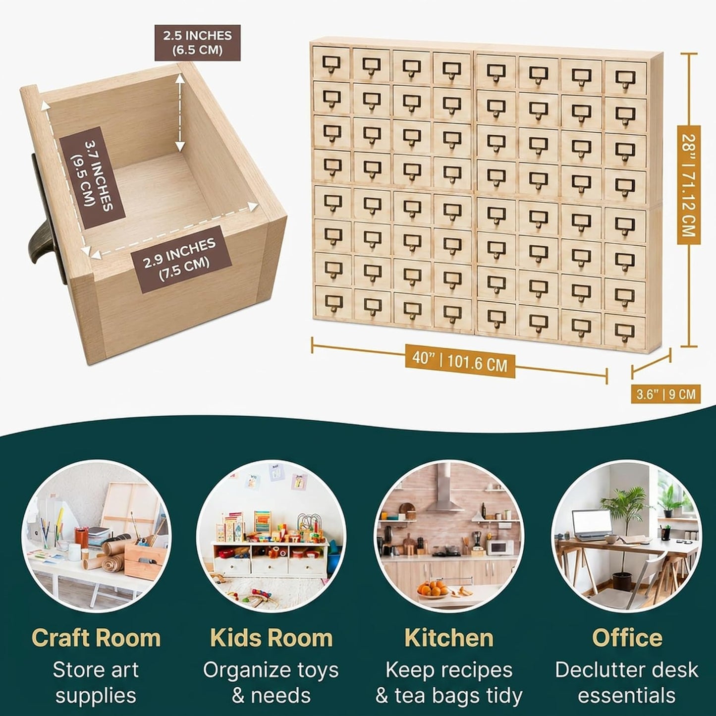 64-Drawer Natural Pine Apothecary Organizer - Wide Modular Storage Cabinet for Stickers, Beads, Stamps, Washi Tape & Scrapbooking