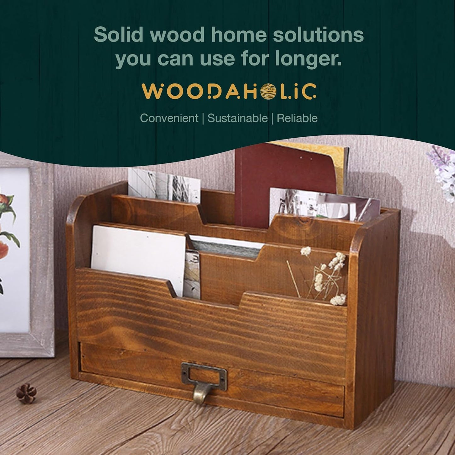 Wood Desktop File Organizer : Vertical Folder Sorter with 3 Document Compartments and Paper Tray Drawer for Office Desk Storage
