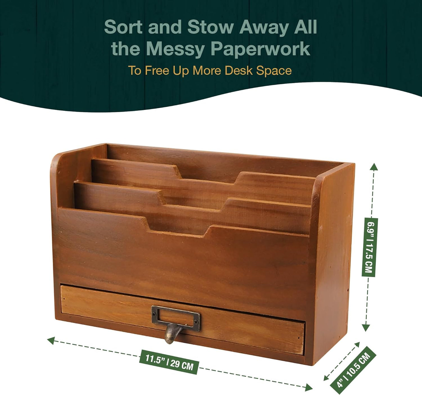 Wood Desktop File Organizer : Vertical Folder Sorter with 3 Document Compartments and Paper Tray Drawer for Office Desk Storage