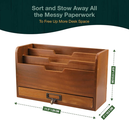 Wood Desktop File Organizer : Vertical Folder Sorter with 3 Document Compartments and Paper Tray Drawer for Office Desk Storage