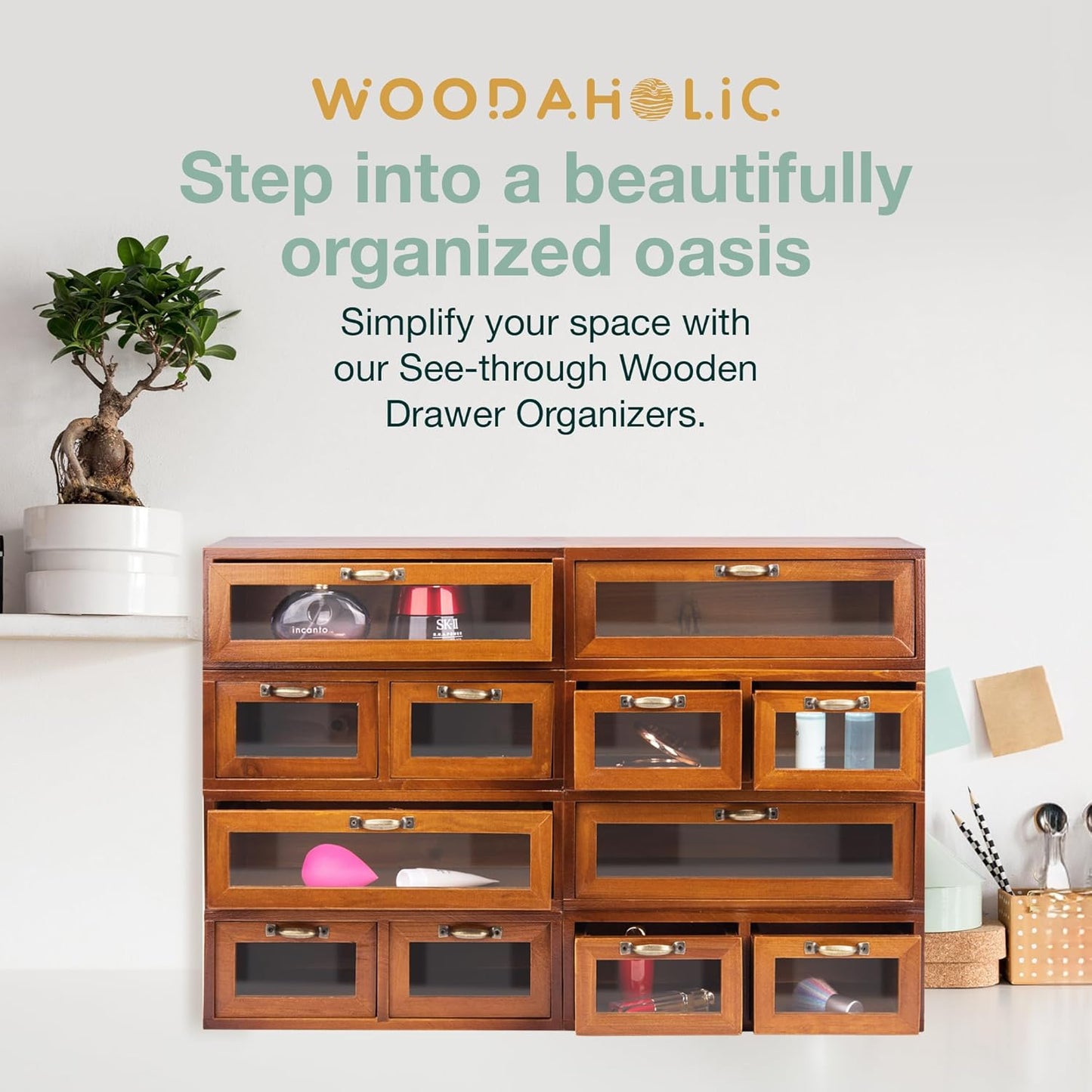 4-Piece Vintage Wooden Storage Drawer Set with Glass Front – Stackable Desktop Organizer Cabinet with Metal Handles for Makeup, Office & Kitchen Storage