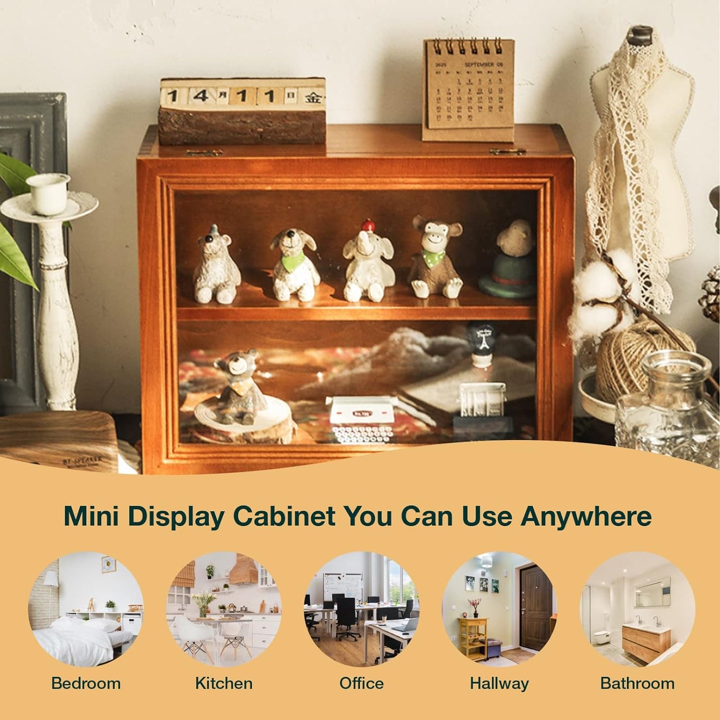 Wooden Display Cabinet with Glass Lid – 2-Tier Tabletop Organizer for Collectibles, Skincare, Office Supplies & Countertop Storage