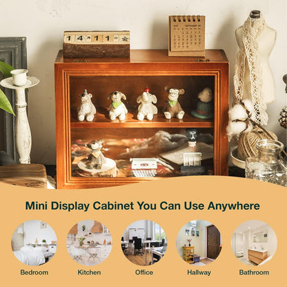 Wooden Display Cabinet with Glass Lid – 2-Tier Tabletop Organizer for Collectibles, Skincare, Office Supplies & Countertop Storage