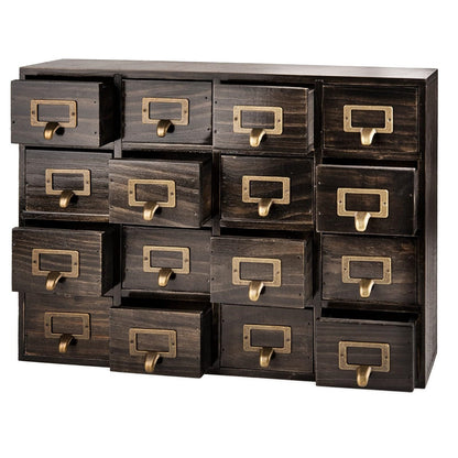 Vintage Ash Brown 16-Drawer Apothecary Wood Cabinet 4-Tier Card Cabinet for Crafts, Jewelry, Tools & Small Items