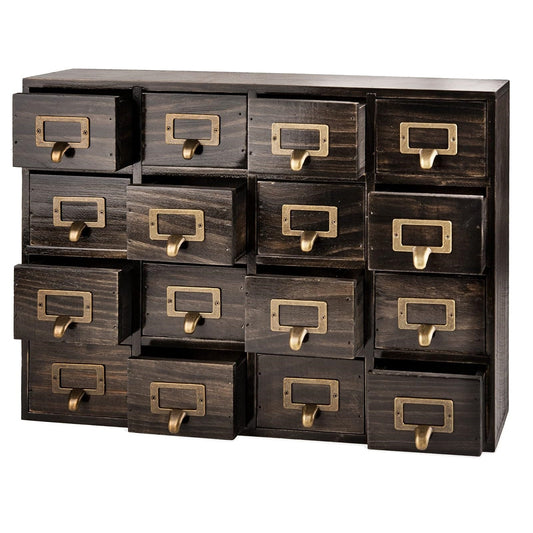 Vintage Ash Brown 16-Drawer Apothecary Wood Cabinet 4-Tier Card Cabinet for Crafts, Jewelry, Tools & Small Items