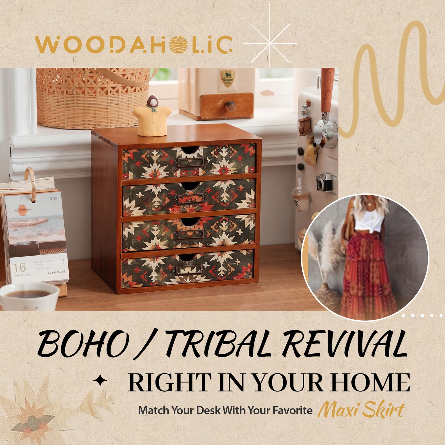 Boho Green Wooden Desk Organizer