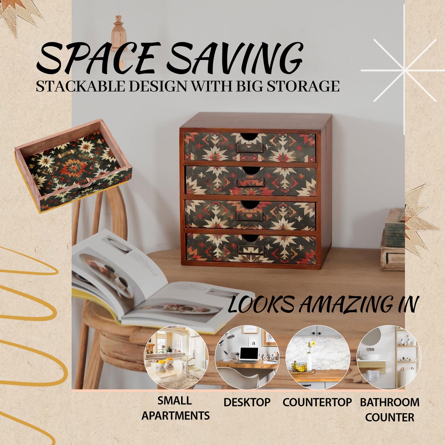 Boho Green Wooden Desk Organizer