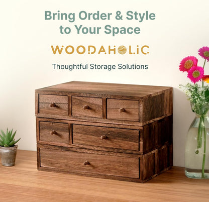 3-Piece Wooden Apothecary Drawer Organizer Set – Stackable Desktop Storage with 6 Drawers for Crafts, Sewing, Jewelry & Stationery