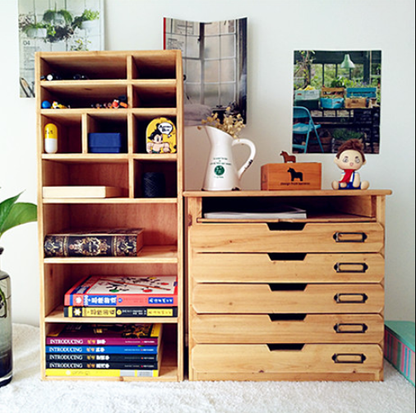 Vintage Apothecary Card Catalog Desk Organizer : 5 Drawer Wooden Storage Cabinet with Top Shelf & Metal Label Holders