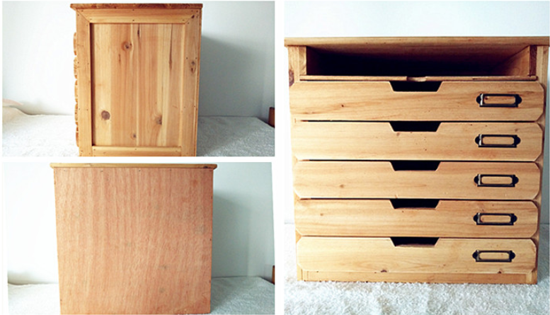 Vintage Apothecary Card Catalog Desk Organizer : 5 Drawer Wooden Storage Cabinet with Top Shelf & Metal Label Holders