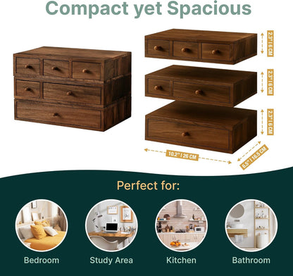 3-Piece Wooden Apothecary Drawer Organizer Set – Stackable Desktop Storage with 6 Drawers for Crafts, Sewing, Jewelry & Stationery
