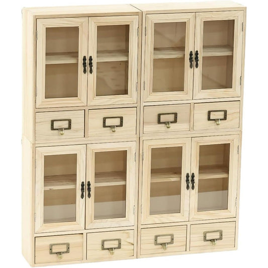 Natural Pine Glass Door Display Cabinet Set - Stackable 4-Piece Wooden Storage Organizer with 8 Drawers for Collectibles, Tea, Crafts & Decor
