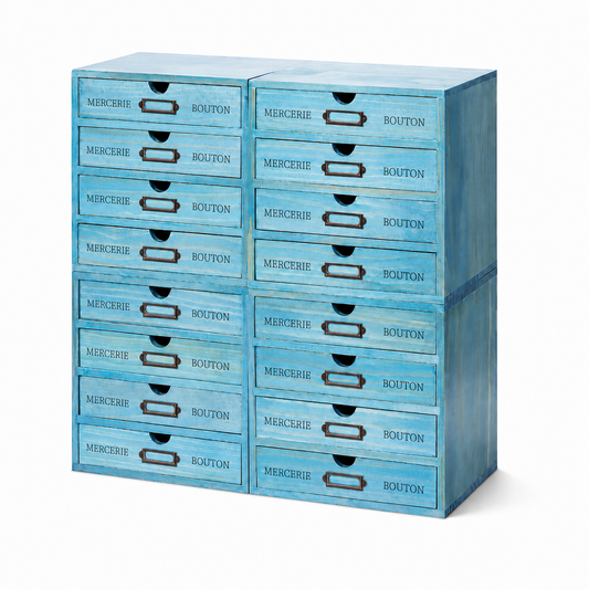 4-Piece Wooden Turquoise – Vintage European Apothecary Cabinet with 16 Drawers, Stackable Storage for Crafts, Sewing & Home