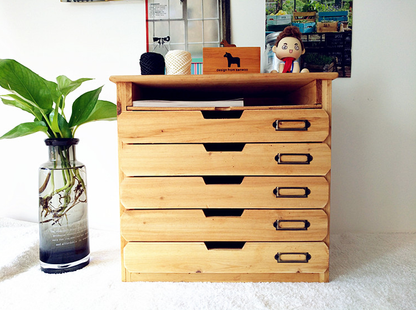 Vintage Apothecary Card Catalog Desk Organizer : 5 Drawer Wooden Storage Cabinet with Top Shelf & Metal Label Holders
